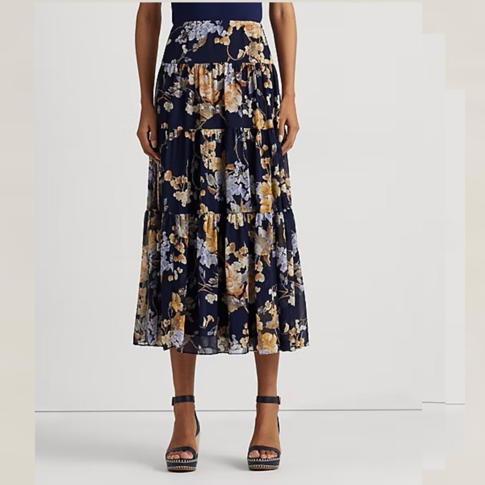 Ralph Lauren Floral Crinkle Georgette Tiered Maxi Midi Skirt Navy Cream Size 00 - Picture 2 of 16